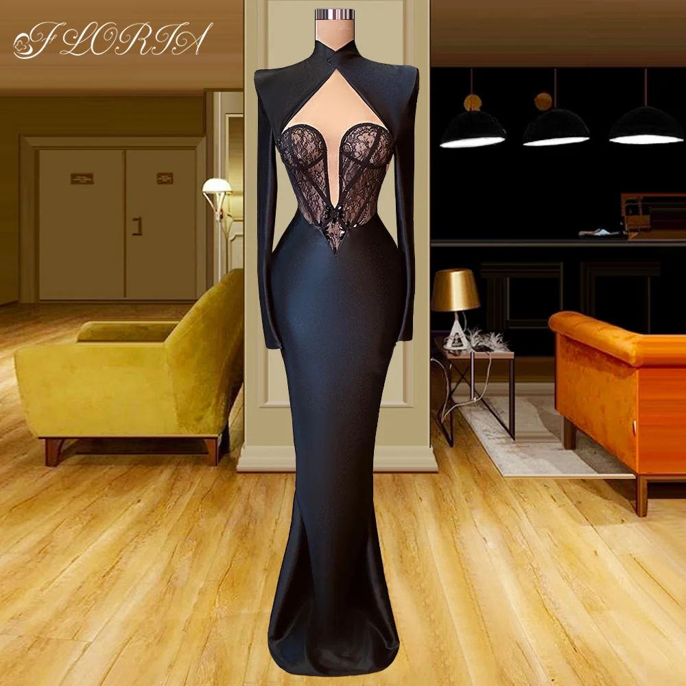 

Elegant Black Mermaid Evening Dresses 2022 Floor Length Long Sleeves Lace See Thru Formal Party Dress vestidos de noche