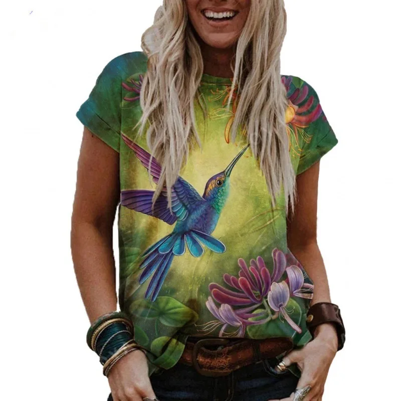 

SNAKE YX 2022 Summer New Women's V-neck Loose Large Color Short-sleeved Casual Round Neck Flower and Bird Painting T-shirt