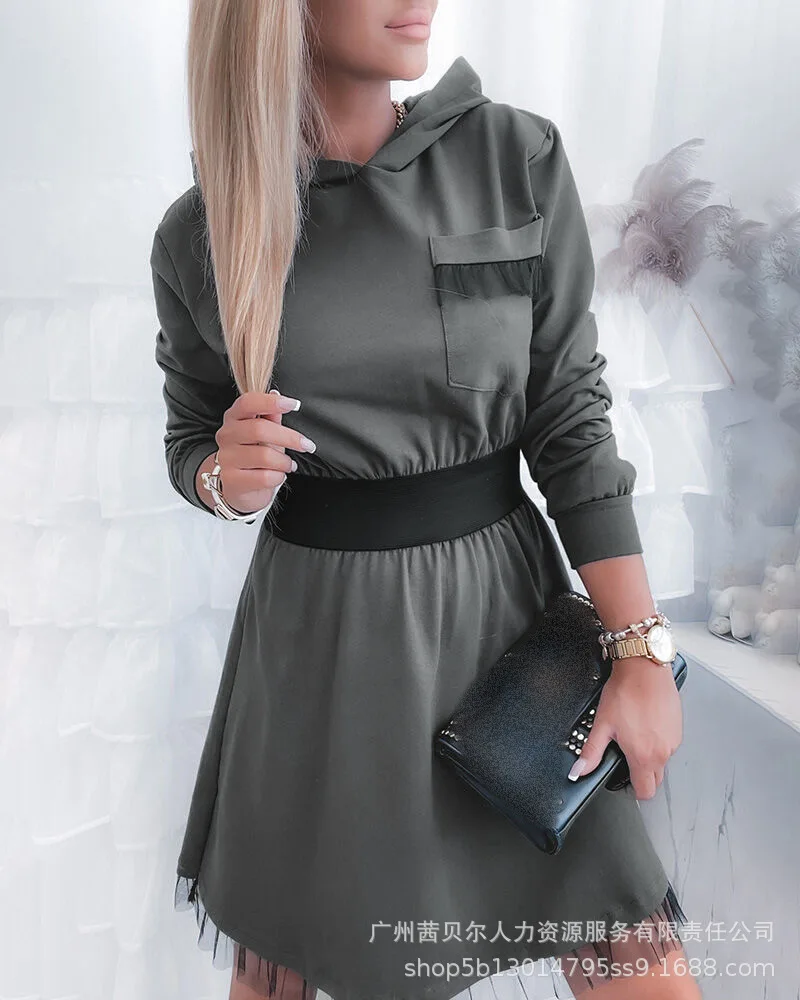 

Green Hooded Pleated Slim Dress Female 2021 Fall New Fashion Casual Dress