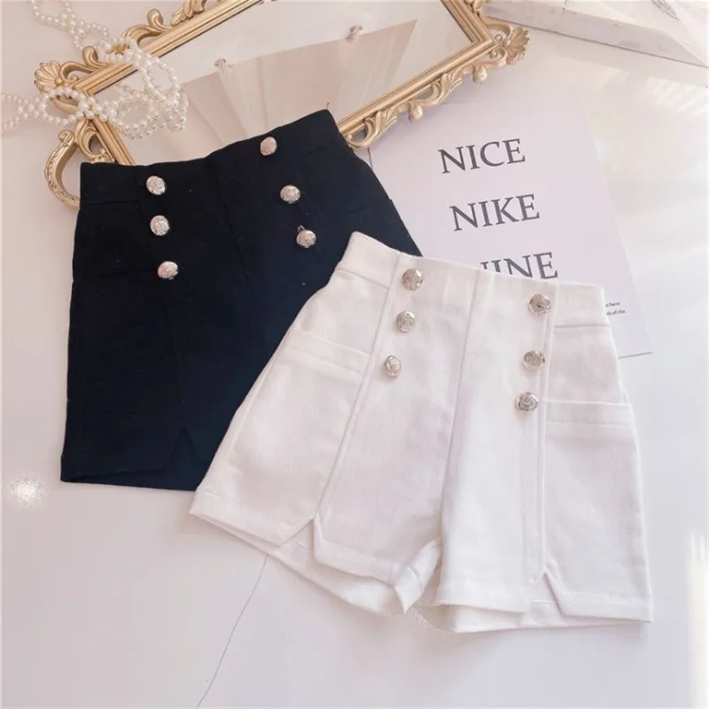 

2022 Summer Girls Fashion High Waist Shorts with Buttons Two Colors