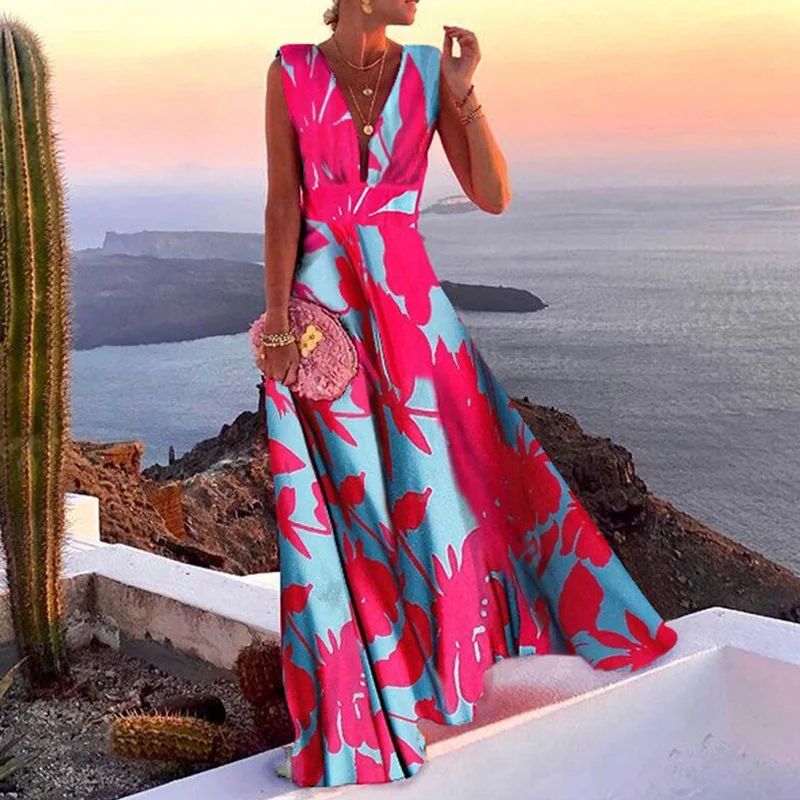

2022 Summer New Women's Fashion Trend V Neck Sleeveless Print High Waist Dress Ladies Elegant Big Swing Party Maxi Dress Femme