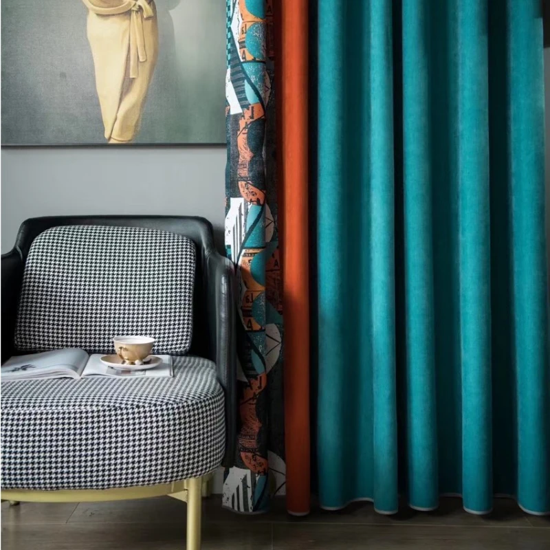 

Luxury American Curtains for Living Dining Room Bedroom Retro Chenille Simple Nordic Blue Three Color Matching Window Curtains