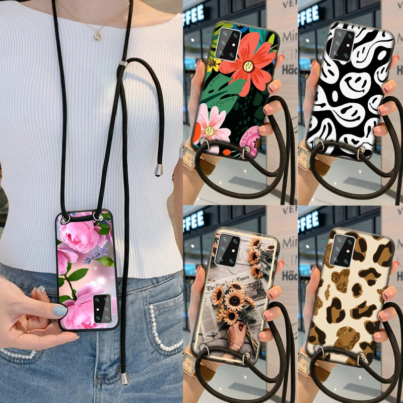 

Necklace Lanyard Rope Case For Xiaomi Poco C50 C40 F4 GT Phone Cases Flower Coque Cover Bumper