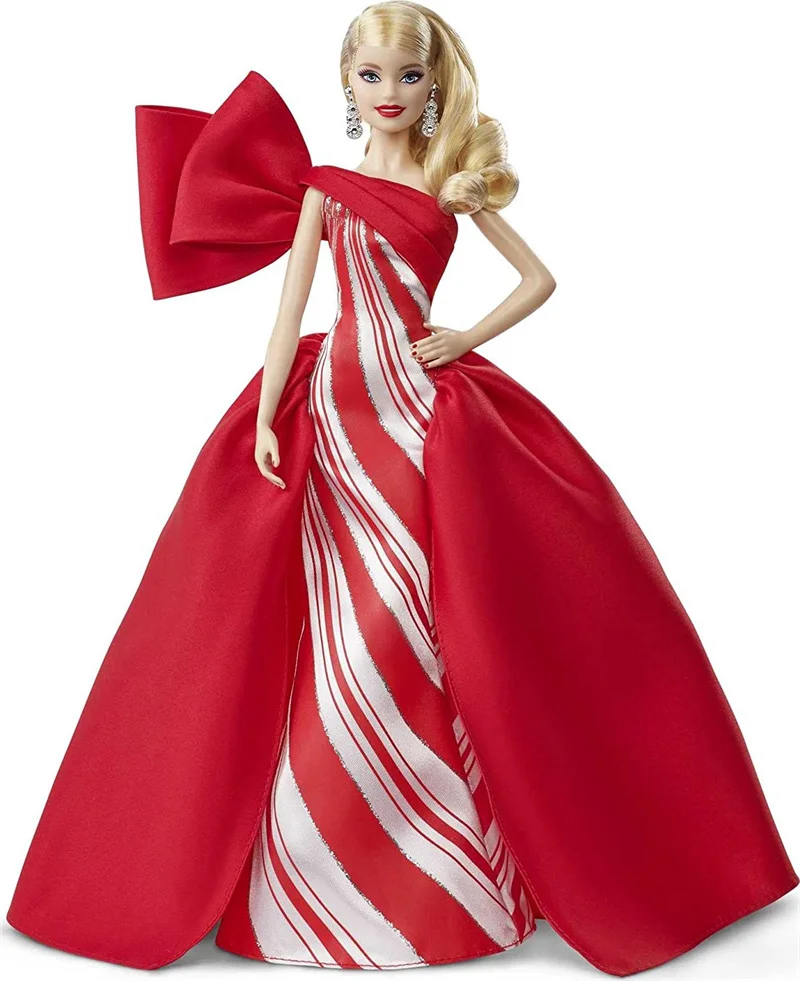 Mattel Барби 2019 Праздничная кукла 1 5 дюймовая блондинка в красно-белом платье с