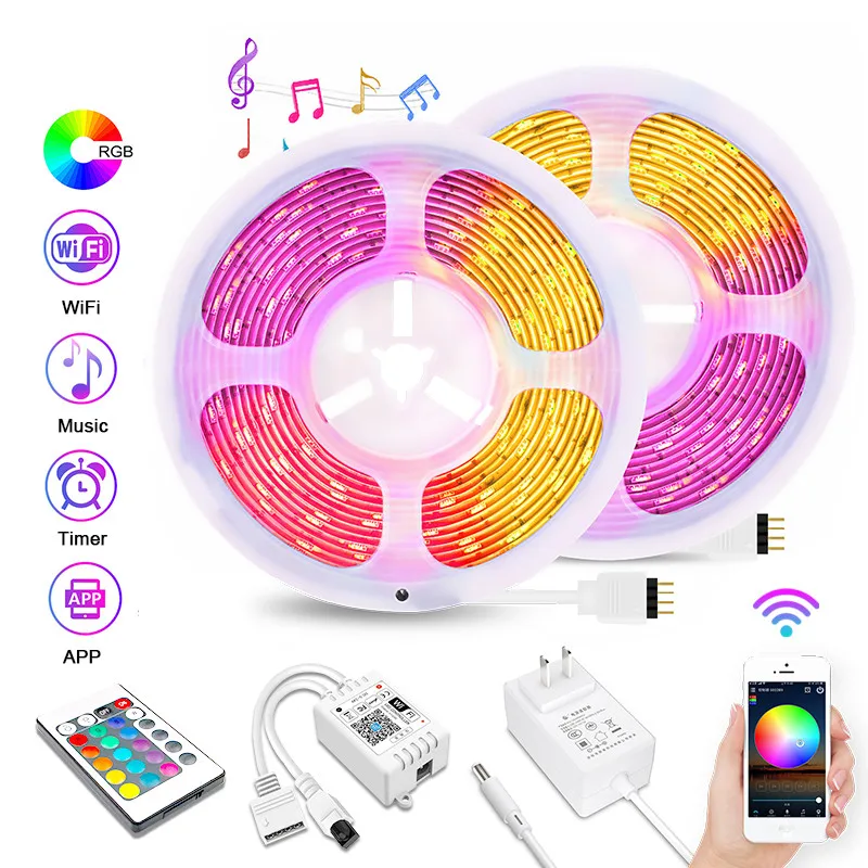 

5m 10m 15m WiFi LED Strip Light RGB Waterproof 5050 SMD 2835 DC12V Rgb String Diode Flexible Ribbon WiFi Contoller+Adapter Plug
