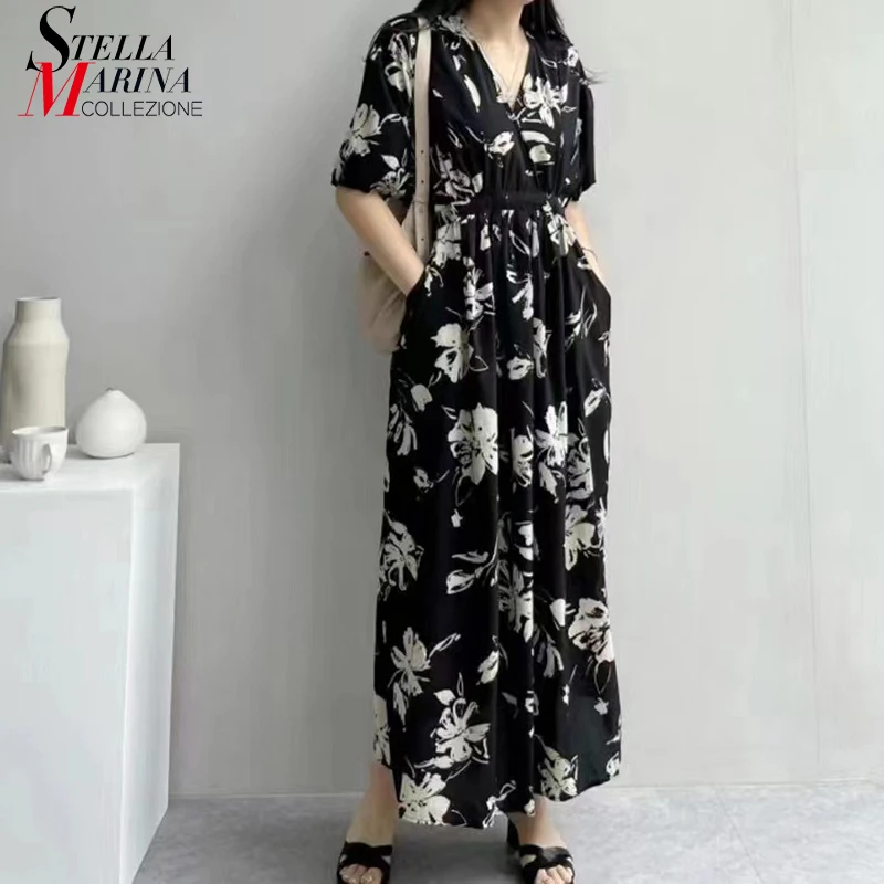 

V Neck Floral Printed New Summer Casual Wear Pin Up Black White Floral Printed Long Dress Korean Style Elegant Dress Robe QQ6001