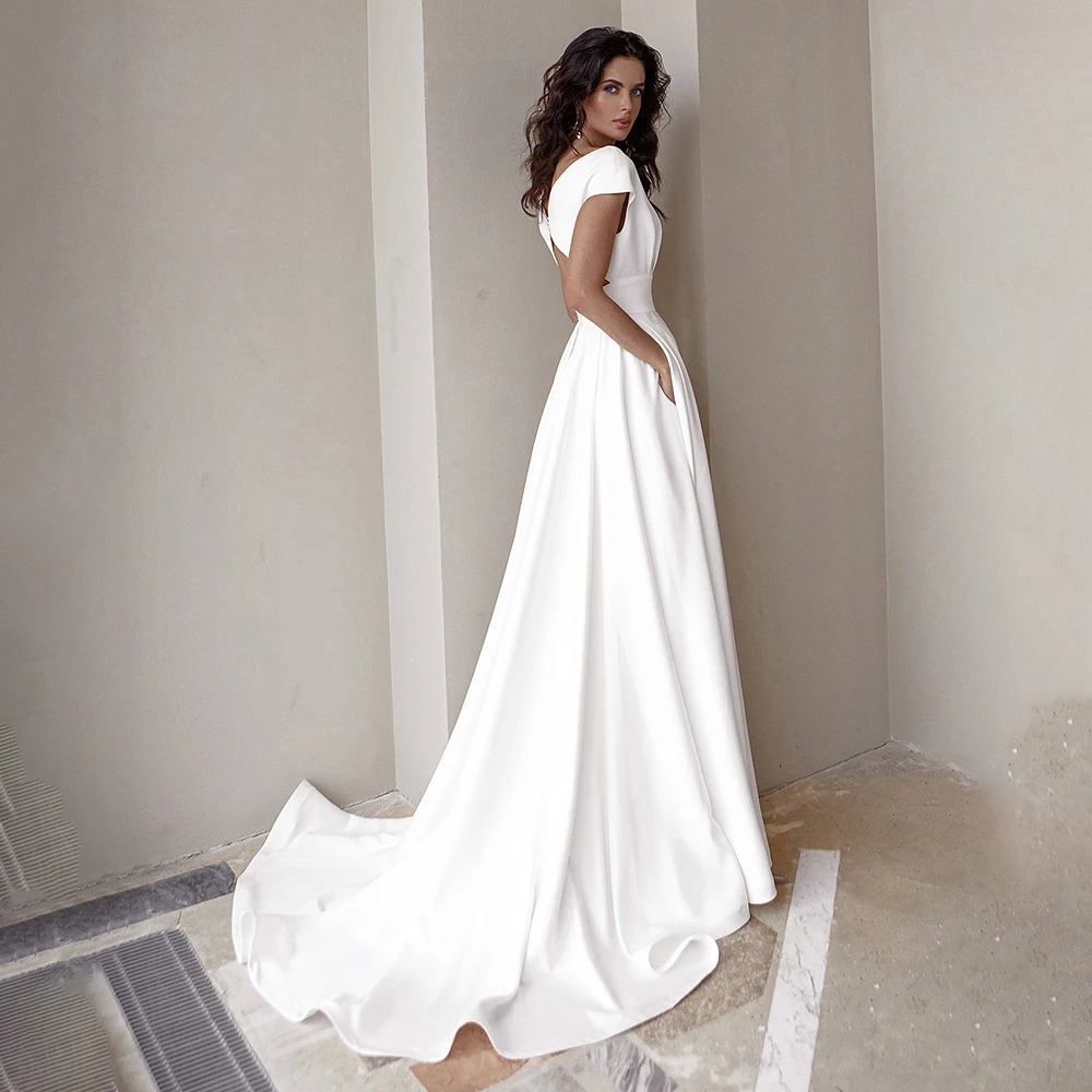 

V Neck Satin High Split Wedding Dress Simple Long Plain A Line Custom Made Plus Size Hollow Back Ruched Sweep Train Bridal Gowns