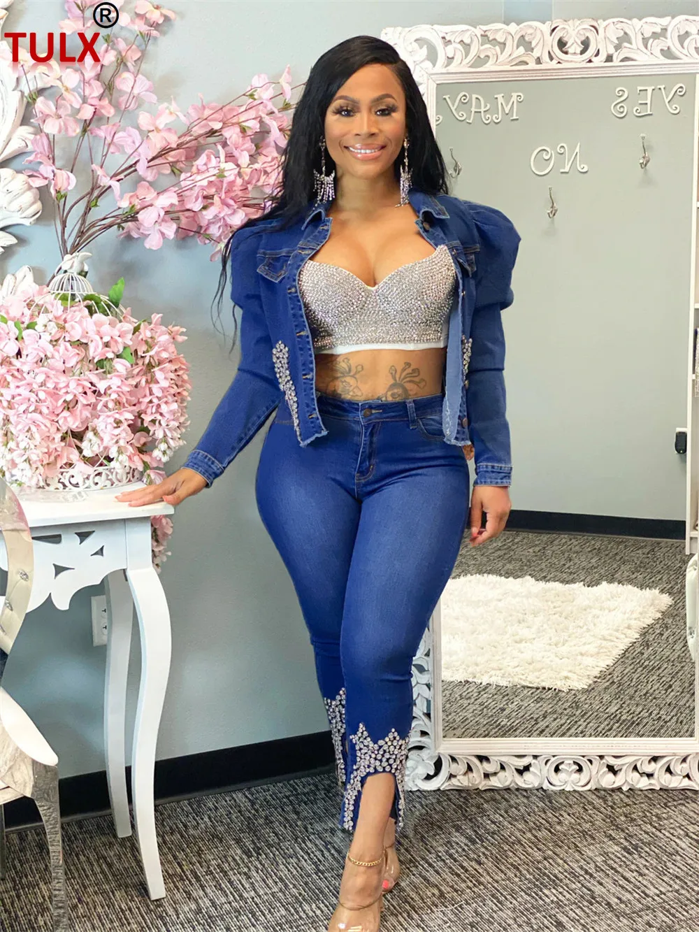 

Женский джинсовый костюм из двух предметов, синяя куртка с длинным рукавом и брюки, клубный комплект из двух предметов, 8241