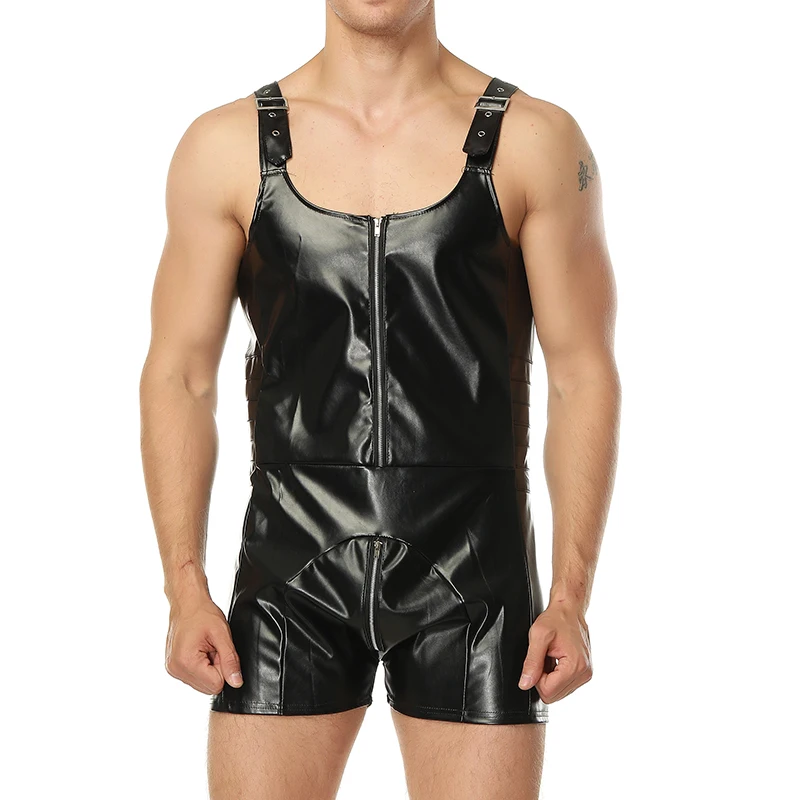 

2XL Sexy Men Bodysuits Leotard PU Leather Sleeveless Jumpsuits Shorts Lingerie Porno Zipper Crotchless Latex Playsuits Nightclub