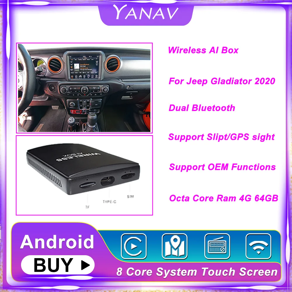 

Carplay беспроводной Ai Box Dual Bluetooth Android для Jeep Gladiator 2020 автомобильный радиоприемник мультимедийный плеер Smart Box HDMI