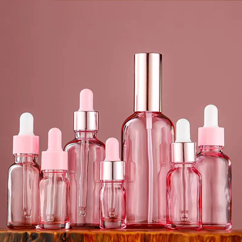 Perfume Bottles Refillable 5ml-100ml Rose Lid Pink Glass Aromatherapy Liquid for Essential Massage Oil Pipette Mist Spray Bottle
