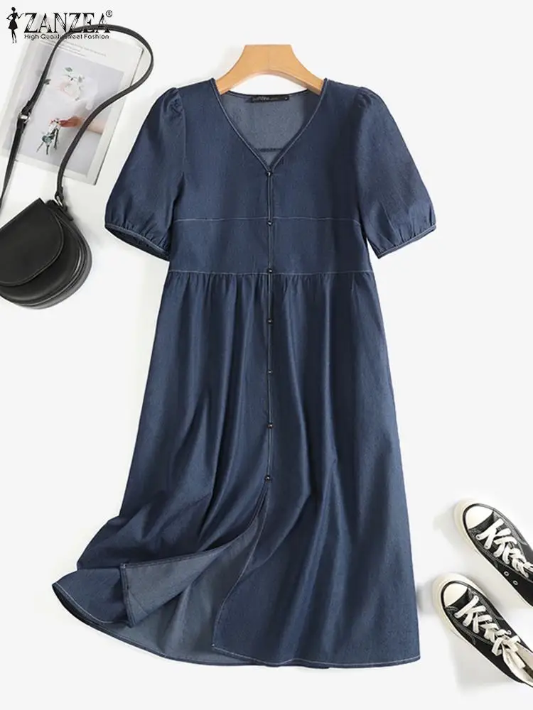 

Женское мешковатое платье-миди ZANZEA, летнее свободное платье большого размера с коротким рукавом, повседневный однотонный праздничный сарафан с V-образным вырезом, 2023
