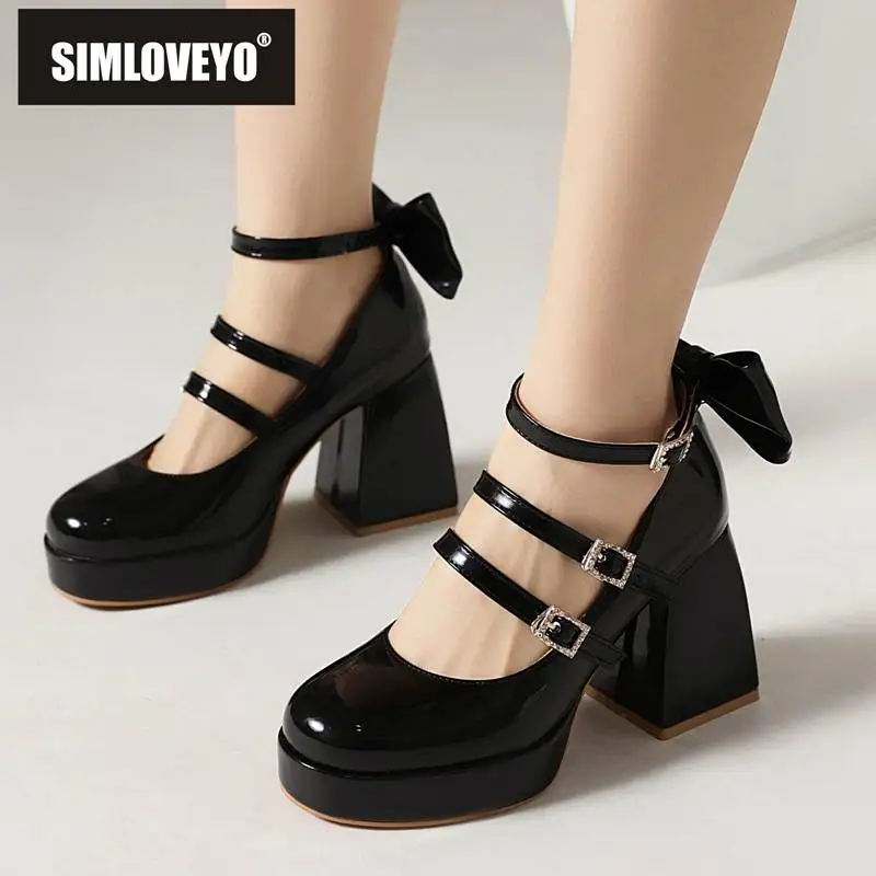 

SIMLOVEYO женские туфли-лодочки с круглым носком на высоком каблуке 9 см на платформе с ремешком с пряжкой милые туфли в стиле "Лолита" маленькие размеры 32 33 с бантом