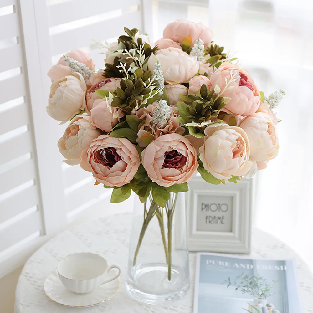 

1 Bouquet 13 Heads Artificial Silk Peony European Style Cored Peonies for Living Room Table Vase Wedding Decoration Fake Flowers