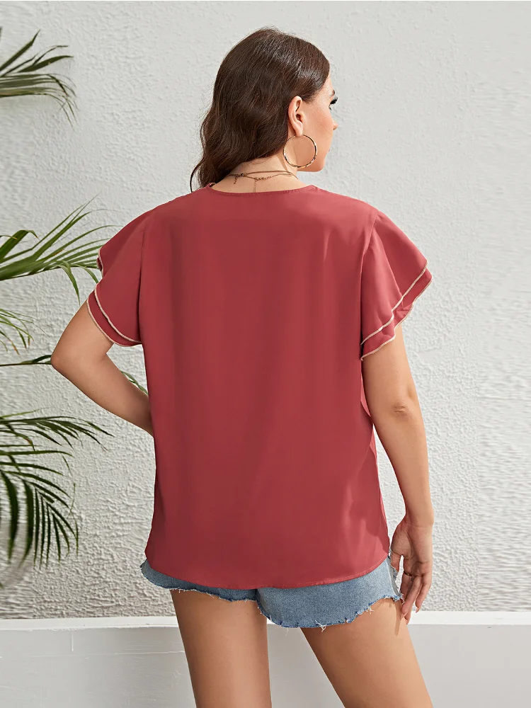 Summer Red Brown Lace V-Neck Loose Top plus size women clothing