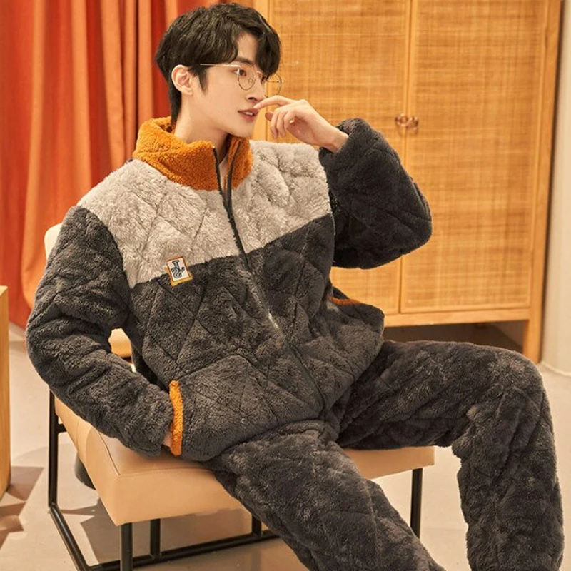 

2022 Winter Thick Warm Flannel Pajama Sets for Men Long Sleeve Trousers Coral Velvet Cartoon Sleepwear Suit Pyjamas Homewear