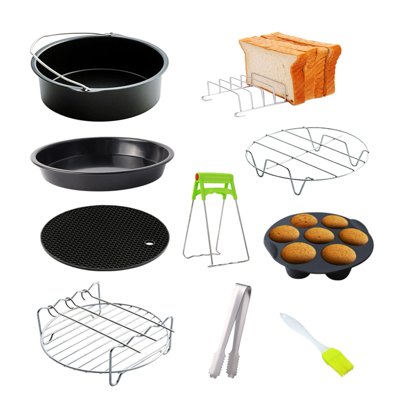 

6/7/ 8 Inch Air Fryer Accessories Kit 10pcs Frying Baking Pan Rack Pizza Tray Pot Holder Bracket Mould for 3.2QT-5.8QT Air Fryer