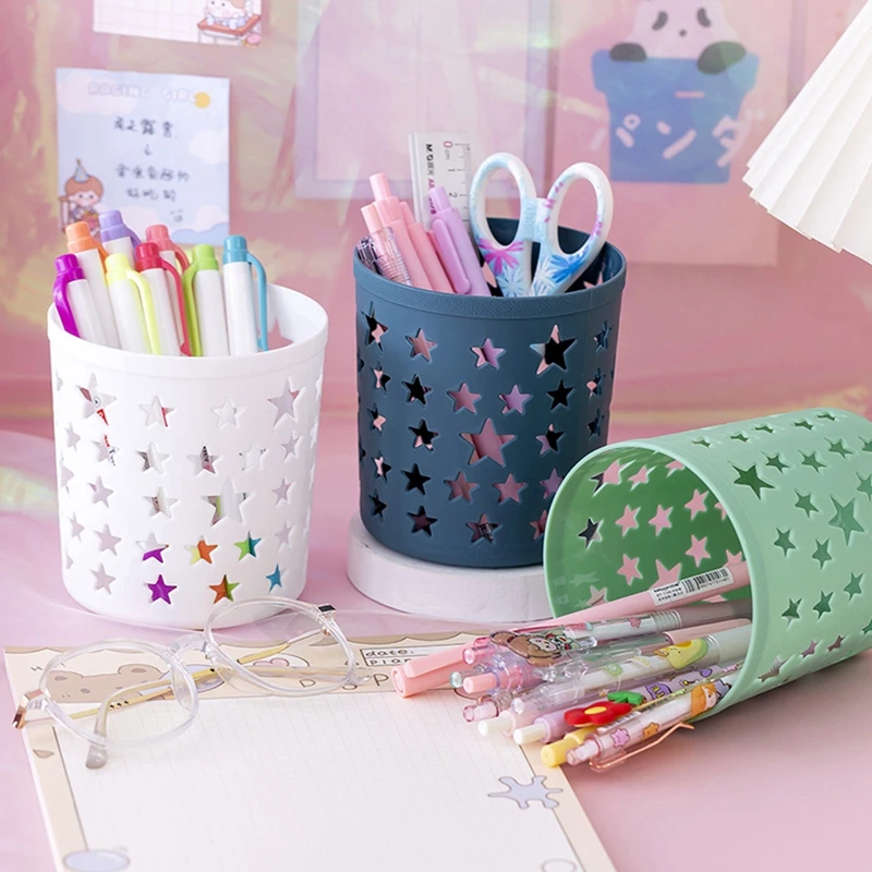 

Hollow Stars Pen Holder Creative Multifunction Pen Holder Organizer Plastic Cup Makeup Brush Storage Box School Office Supplies