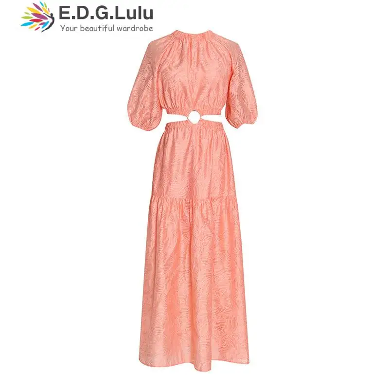 

EDGLuLu Vestidos Elegantes Para Mujer O-neck Puff Sleeves Orange Dress Waist Hollow Out Fashion Casual Chic Loose Long Dress0518