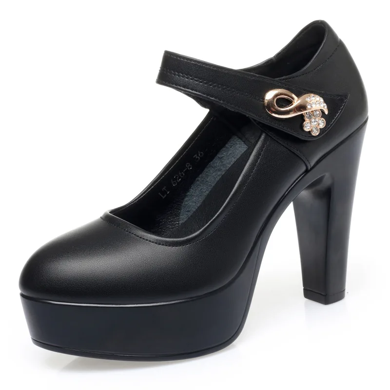 10cm Buckle Block Heels Leather Pumps Women Platform Shoes 2023 High Heels Shoes Elegant Wedding Shoes White Office Shoe 39 40