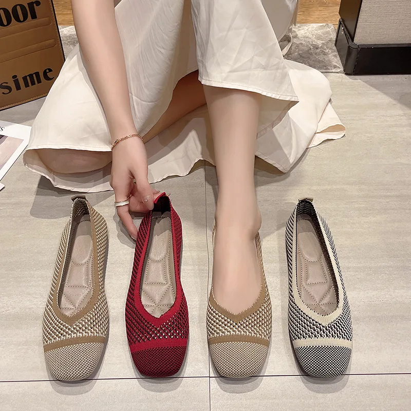 All-match Knitted Breathable One Pedal Shallow Mouth Shoes Flats Soft Surface Shoes Comfortable Women's Loafers Zapatillas Mujer