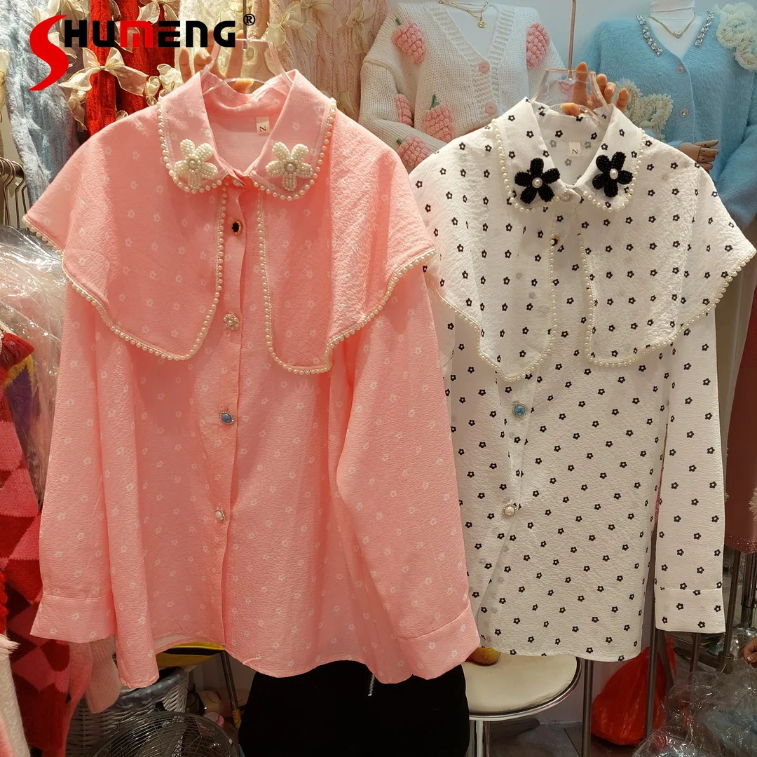 

Легкий роскошный кружевной топ ручной работы с жемчугом, Женская Весенняя Милая шифоновая блузка в французском стиле, 2022