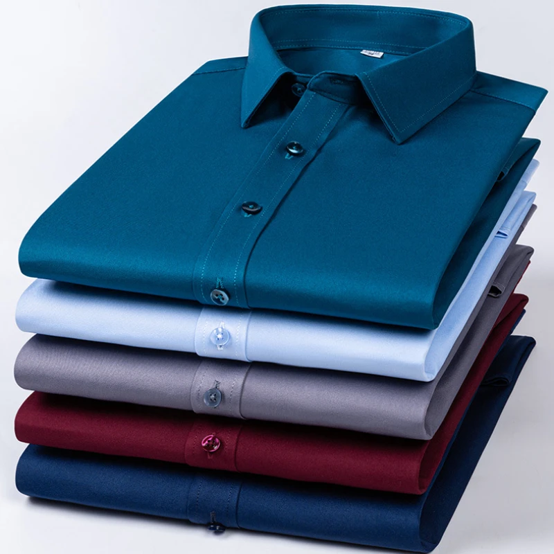 Рубашка мужская однотонная с длинными рукавами эластичная сорочка в