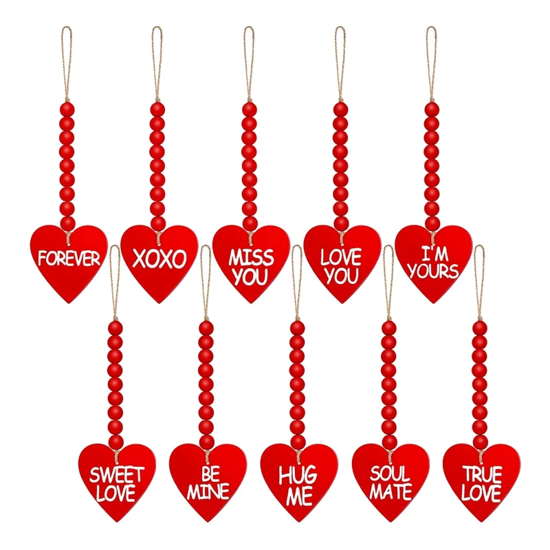 

10 Pcs Valentine's Day Wooden Bead Heart Garlands Wall Hanging Farmhouse Beads Ornaments For Holiday Parties Decoration