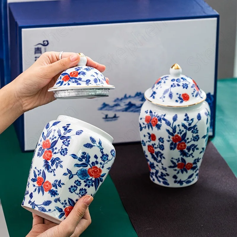 

Китайский современный керамический чайный органайзер, розовый, синий и белый фарфоровый герметичный чайный контейнер, журнальный столик, н...