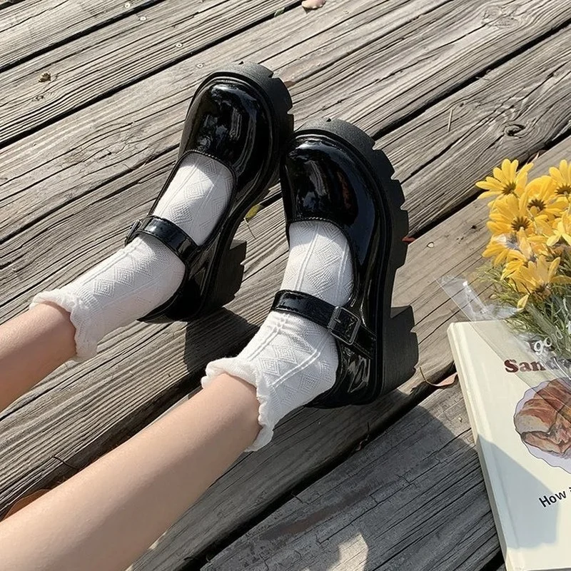 Lolita Shoes Japanese Girl Platform Black High Heels Fashion Round Toe Mary Jane Women Patent Faux Leather Student Cosplay Shoes
