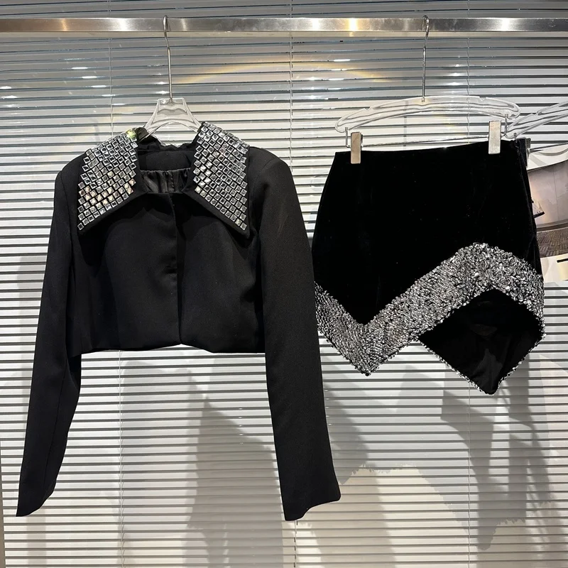 

BORVEMAYS 2023 Spring Summer New Diamonds Lapel Long Sleeve Thin Shirt + Irregular Sequins Velvet Skirts Two-piece Sets WZ1463