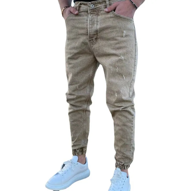 

Джинсы мужские повседневные, хлопковые брюки-карго со множеством карманов, модные рваные брюки-карандаш из денима зеленого цвета, цвет кофе