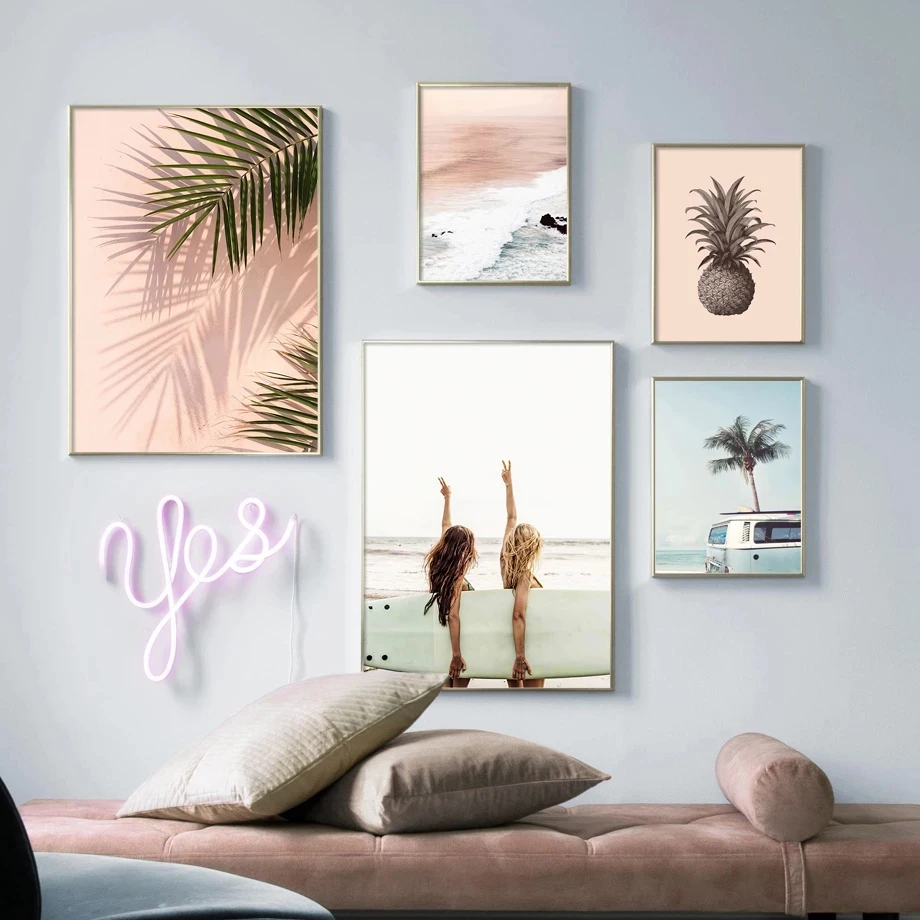 

Landscape Wall Prints Beach Seagull Posters Palm Tree Painting Surfboard Poster Pineapple Print Nordic Wall Pictures Home Decor