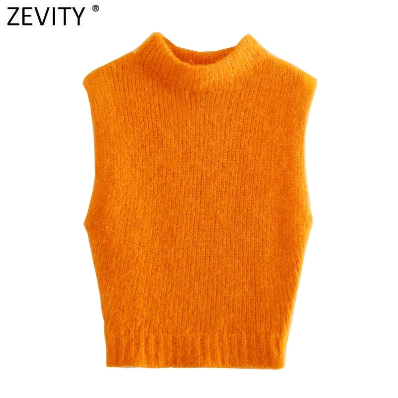 Zevity-Chaleco de punto naranja sin mangas para mujer, suéter elegante de tacto suave, Tops SW985