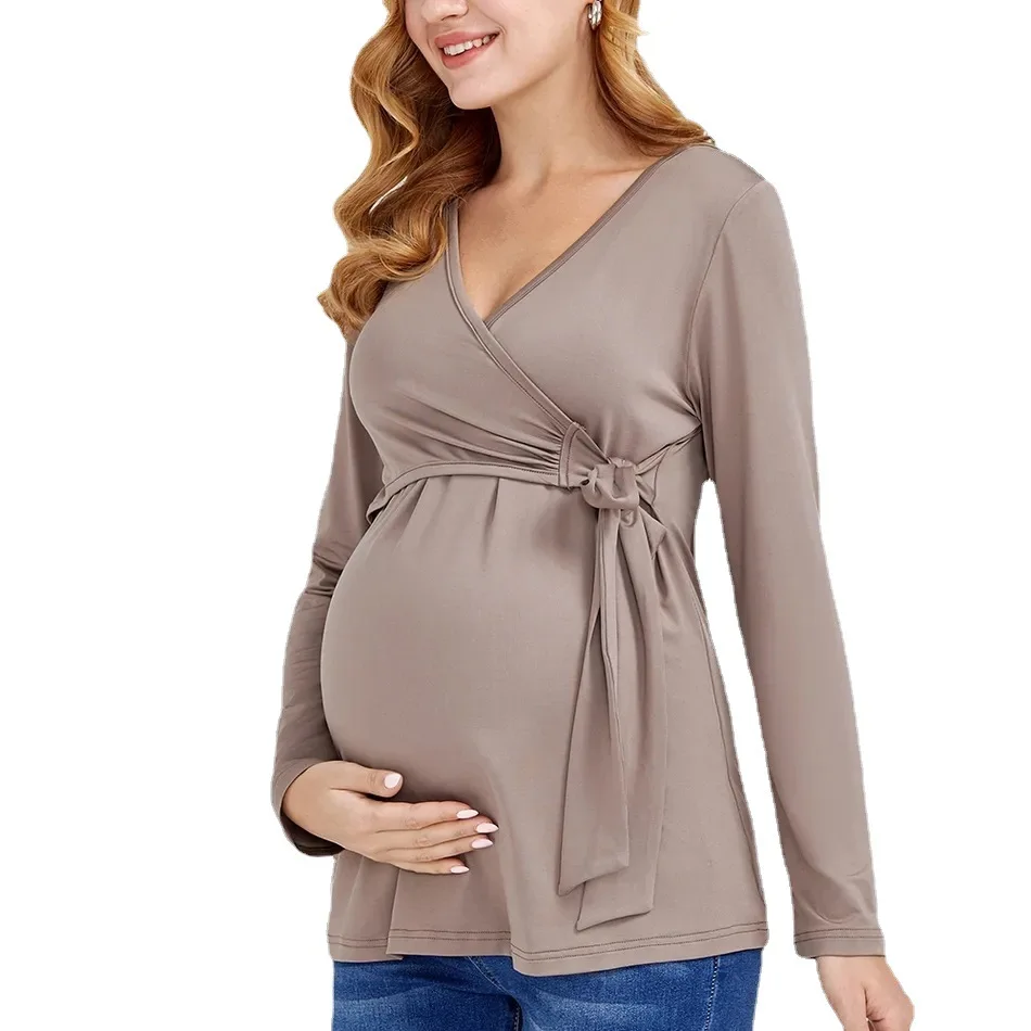 

2022 new solid color V-neck long-sleeved maternity T-shirt White