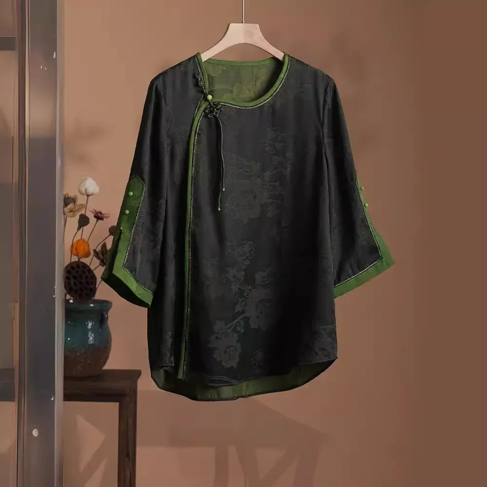 Новинка лета 2024 жаккардовый Шелковый Топ Женская одежда Улучшенный костюм Тан