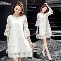 summer korean a line lace embroidery ladies base dress white hollow mesh round neck 34 flared sleeve womens loose mini dress