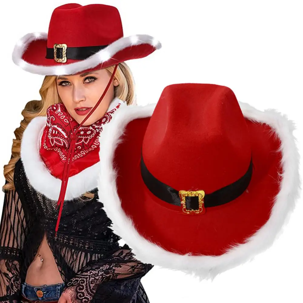 

Fashion Christmas Cowgirl Hat Women Men Felt Cowboy Hats Party Sequins Christmas Style Top Bonnet Men Cosplay LED Light Hat