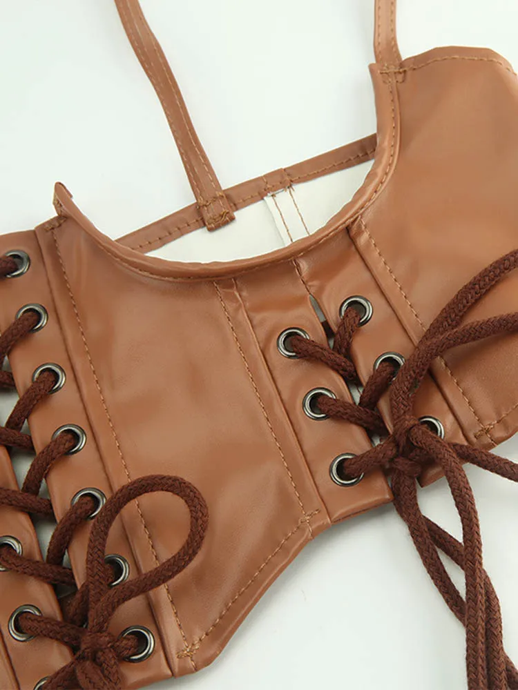 Sexy PU Leather Crop Top Corset Belt Punk Tank Top Women Lace-Up Bandage Wide Waist Belt Gothic Bustier Shapewear Streetwear