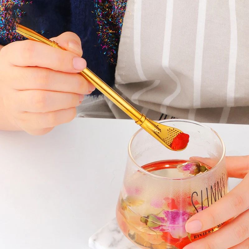 

304 Stainless Steel Dual Use Straw Spoon Tea Strainer Reusable Beverage Juice Yerba Mate Stirring Tool Drinking Accessories