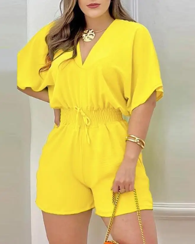 

2023 Woman Short Jumpsuits Elegant V-Neck Batwing Sleeve Shirred Waist Romper New Fashion Casual One Pieces