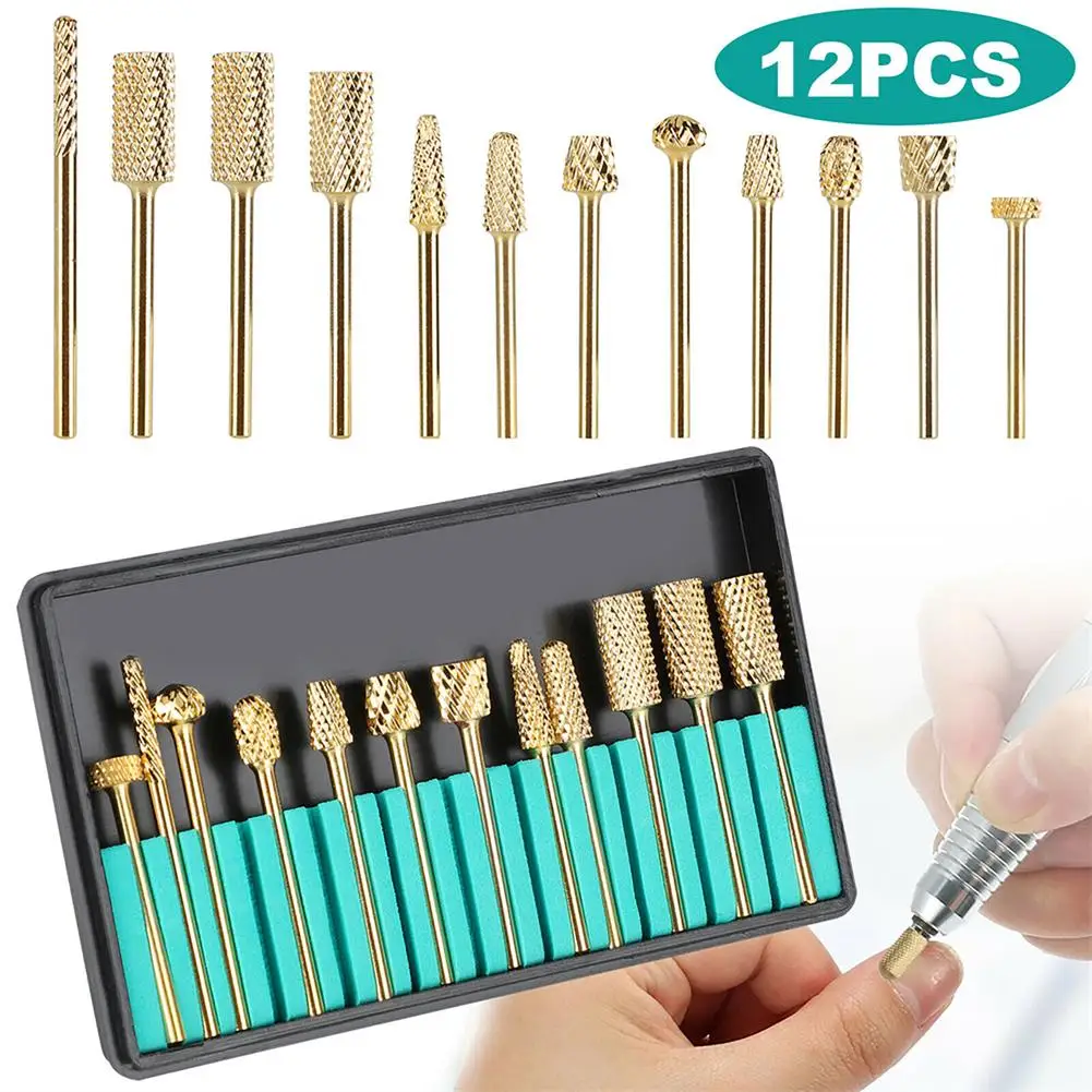 

MeterMall 12pcs Gold Carbide Nail Drill Bit Set Art File Manicure Machine Pedicure Tool For Natural Artificial Nails