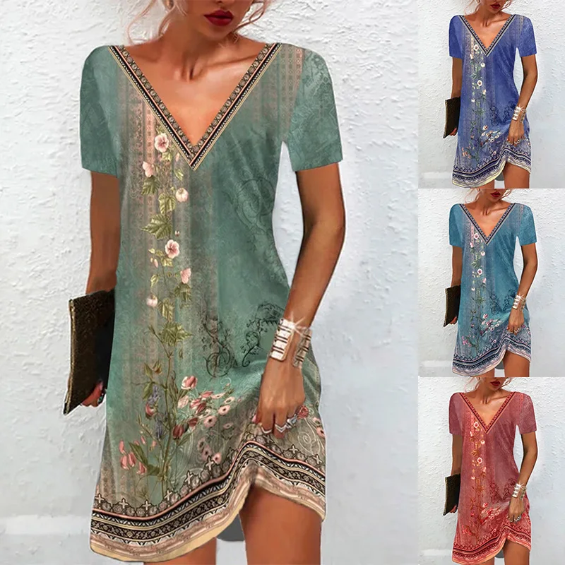 

Sleeve Elegant Beach Style Dress Short Loose Ethnic Floral Vintage Dress Casual Comfortable Neck 2023 Women's Print Summer Fit