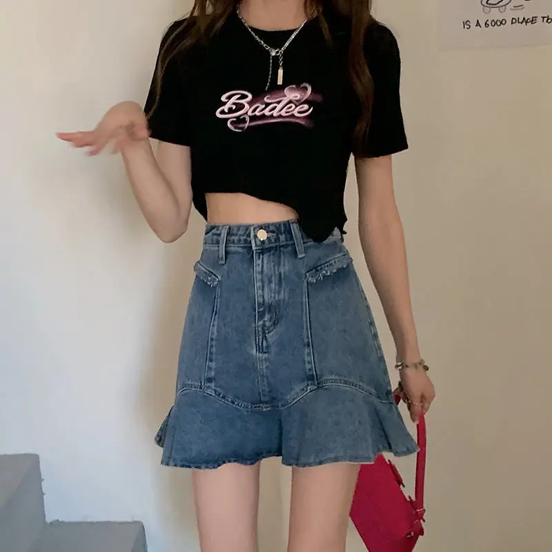

Estceque New Denim Skirt Women High Waist Ruffled Mini Skirt Gothic A-line Black Skirt Fishtail Plus Size Jean Skirts Y2k Skirt