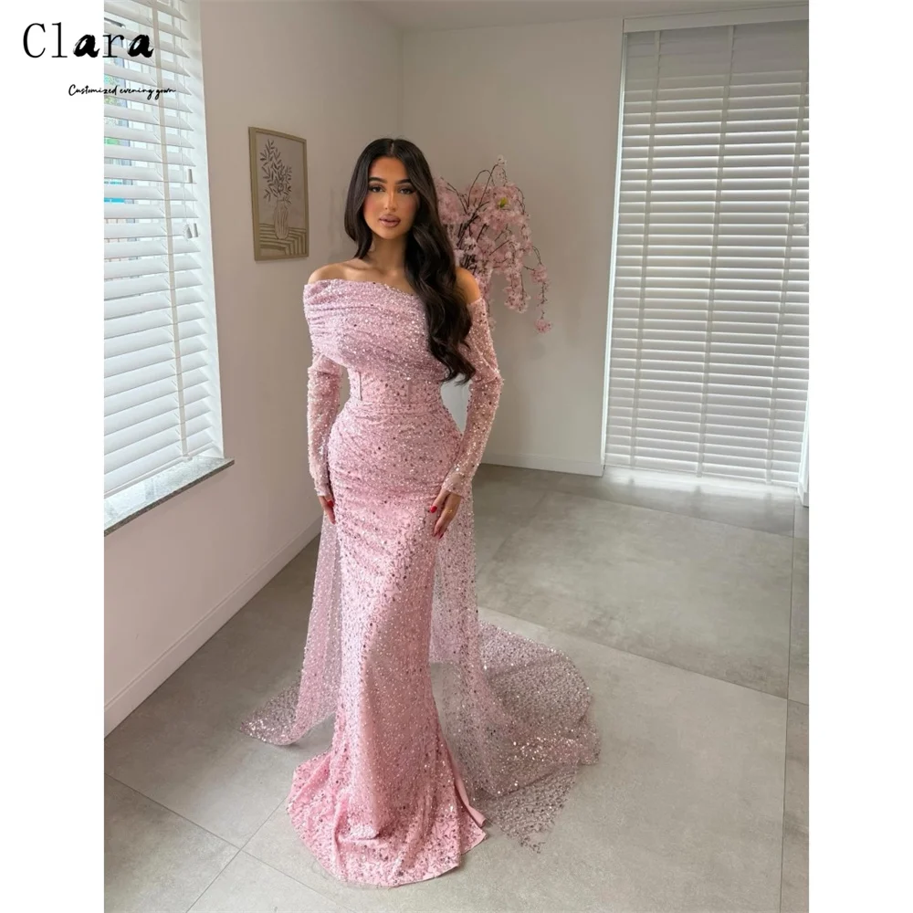 Фото Элегантное вечернее платье Clara Custom: розовое, блестящее, с открытыми плечами, фасон «рыбий хвост», длинное, роскошное, для торжественных мероприятий и выпускных вечеров №1