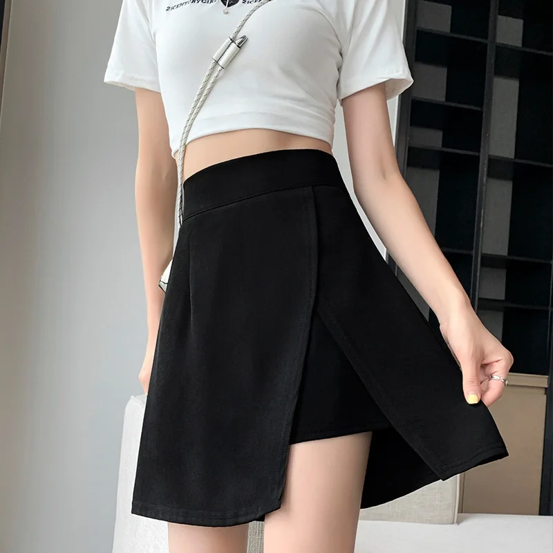 

Женская короткая юбка с разрезом, однотонная офисная мини-юбка с высокой талией, юбка-трапеция большого размера в Корейском стиле на лето, ...