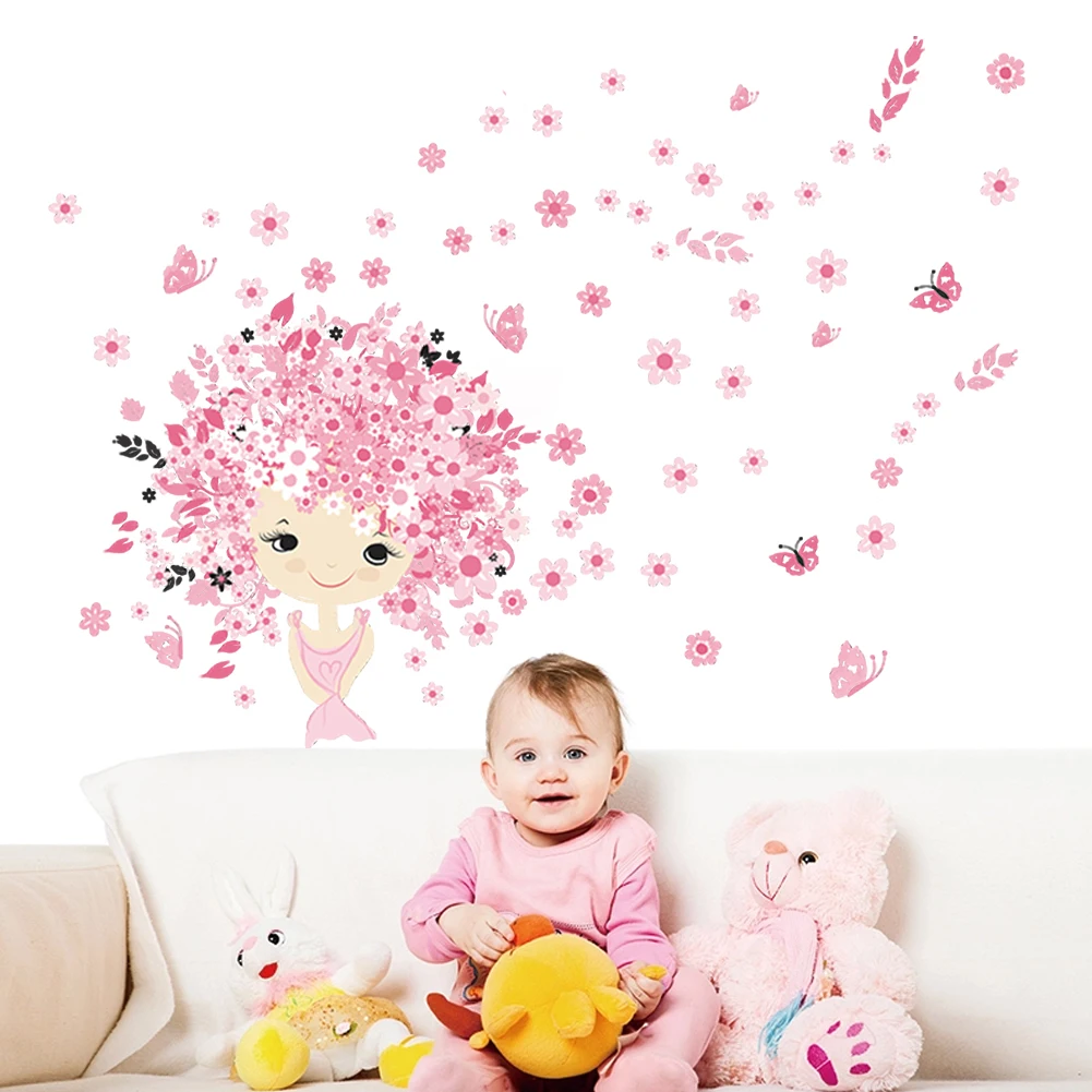 Cartoon fairy tale girl wall stickerDIY butterfly flower fairy sticker girl children