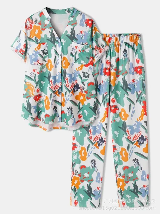 

Autumn New Fragmentary Print Pajama Set Summer Women Can Wear Loose Two-piece V-neck Cardigan Top Pants Soft Home Clothes S-xxl