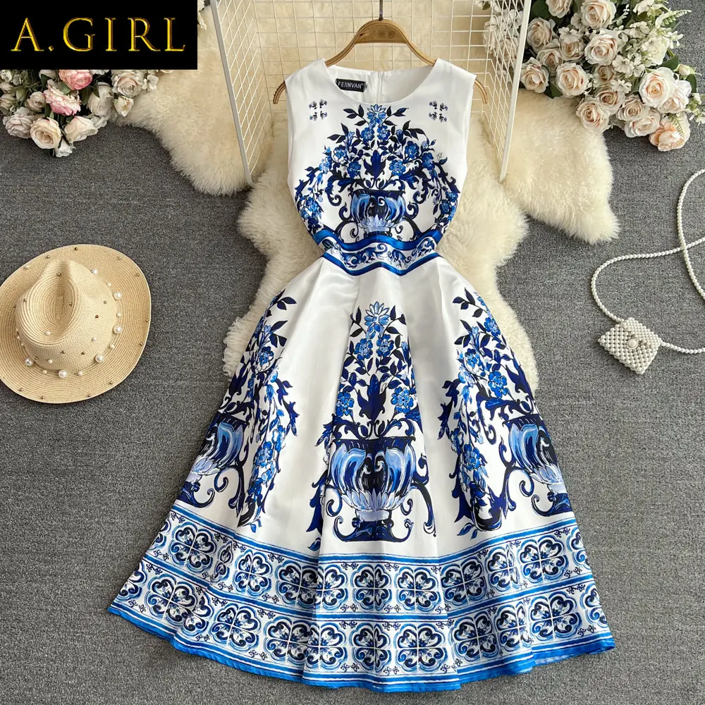 

Женское платье-миди с круглым вырезом, без рукавов, с завышенной талией