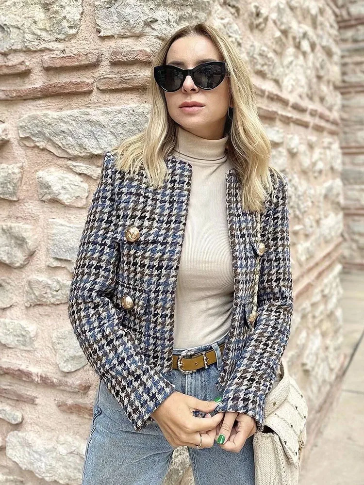 

DYLQFS Women Textured Houndstooth Blazer 2022 Spring New Casual Fashion Office Jacket Ladies Short Tweed Coat